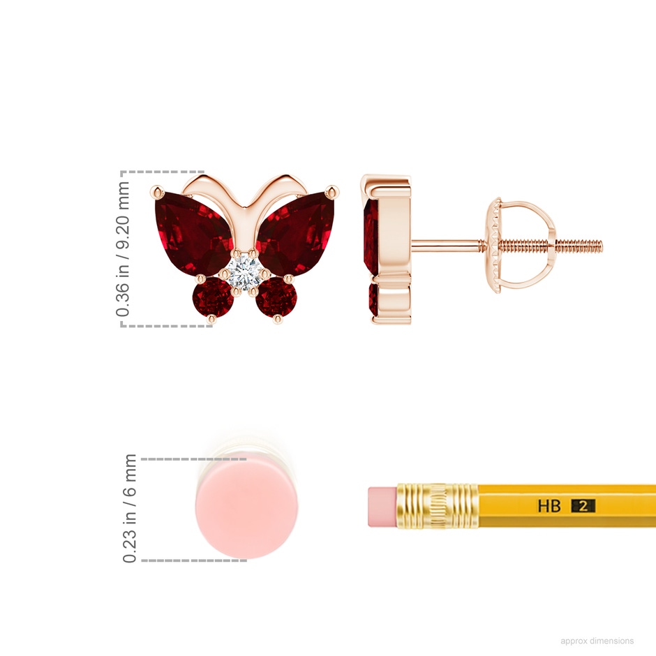 6x4mm AAAA Ruby Butterfly Stud Earrings with Diamond in Rose Gold ruler