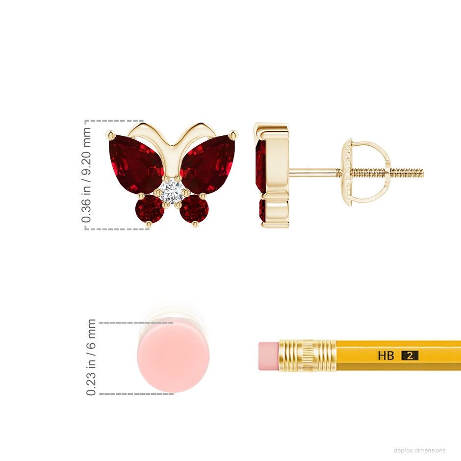 6x4mm AAAA Ruby Butterfly Stud Earrings with Diamond in Yellow Gold ruler