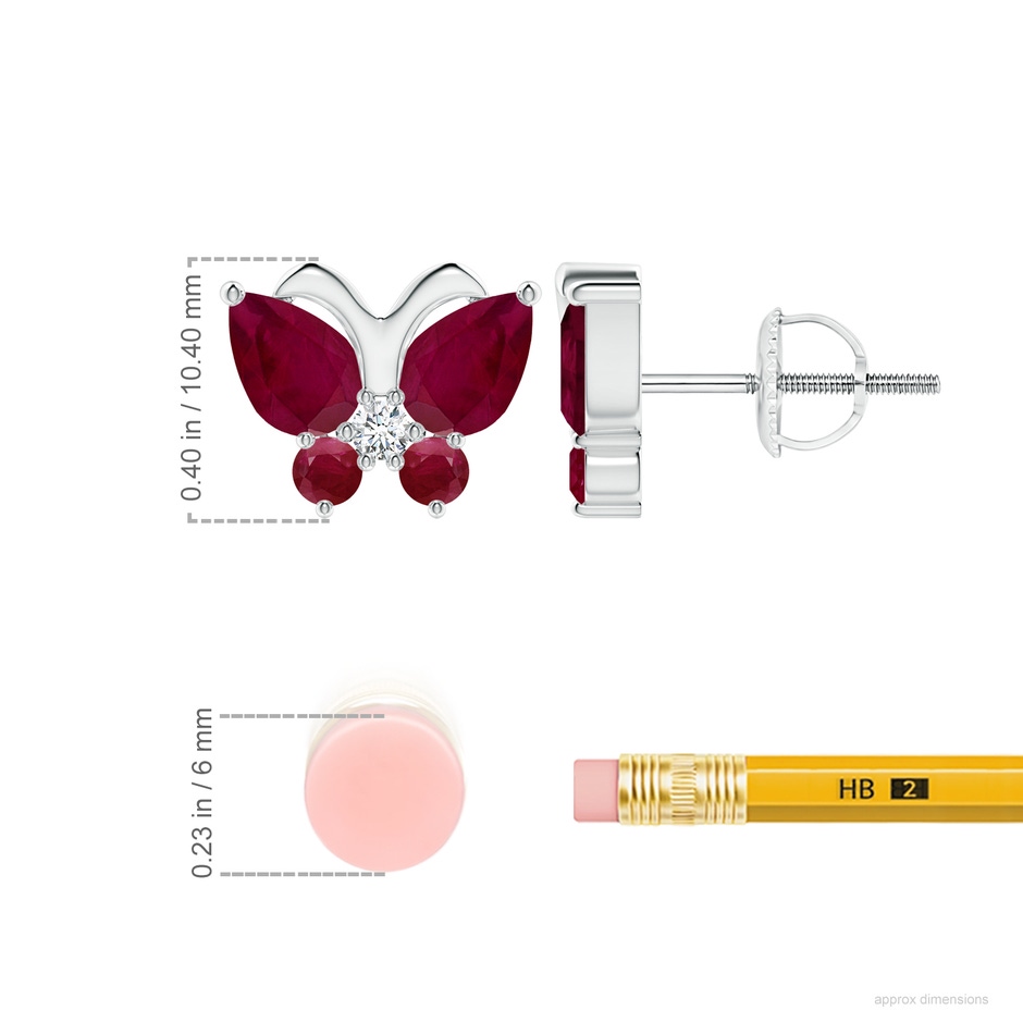 7x5mm A Ruby Butterfly Stud Earrings with Diamond in White Gold ruler