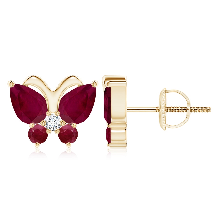 7x5mm A Ruby Butterfly Stud Earrings with Diamond in Yellow Gold 
