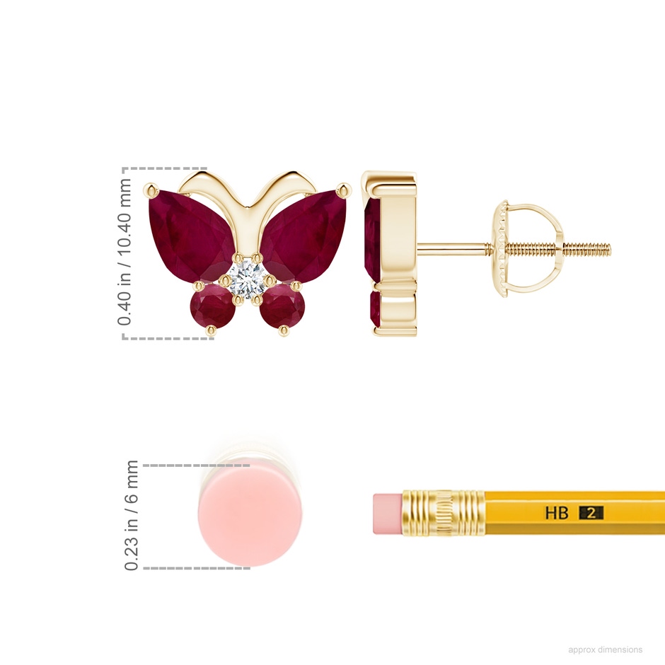 7x5mm A Ruby Butterfly Stud Earrings with Diamond in Yellow Gold ruler