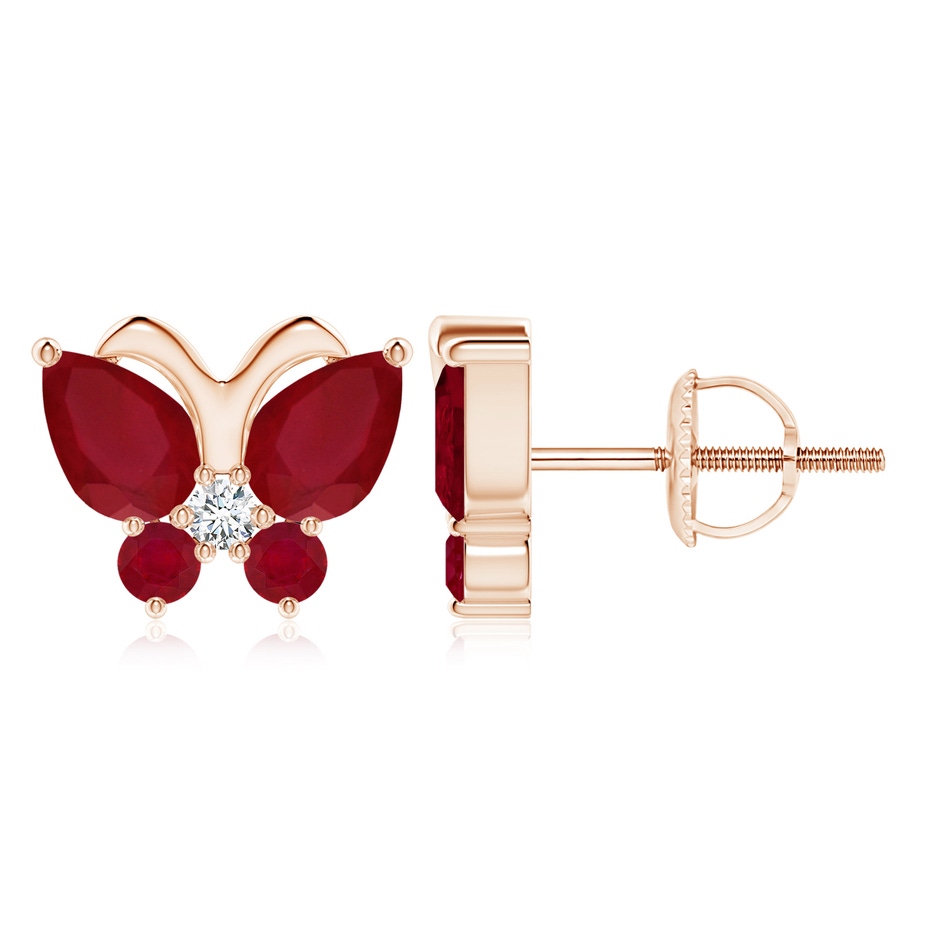 7x5mm AA Ruby Butterfly Stud Earrings with Diamond in 9K Rose Gold 