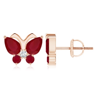 7x5mm AA Ruby Butterfly Stud Earrings with Diamond in Rose Gold