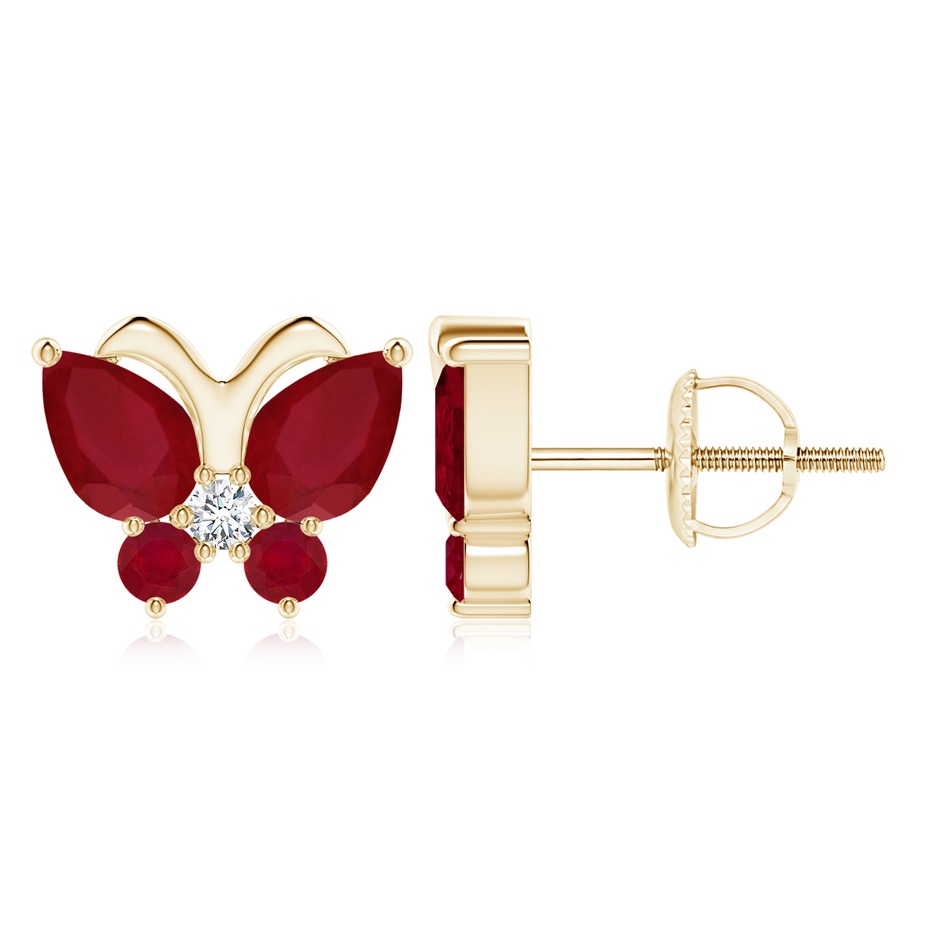 7x5mm AA Ruby Butterfly Stud Earrings with Diamond in Yellow Gold 
