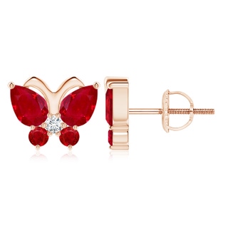 7x5mm AAA Ruby Butterfly Stud Earrings with Diamond in Rose Gold