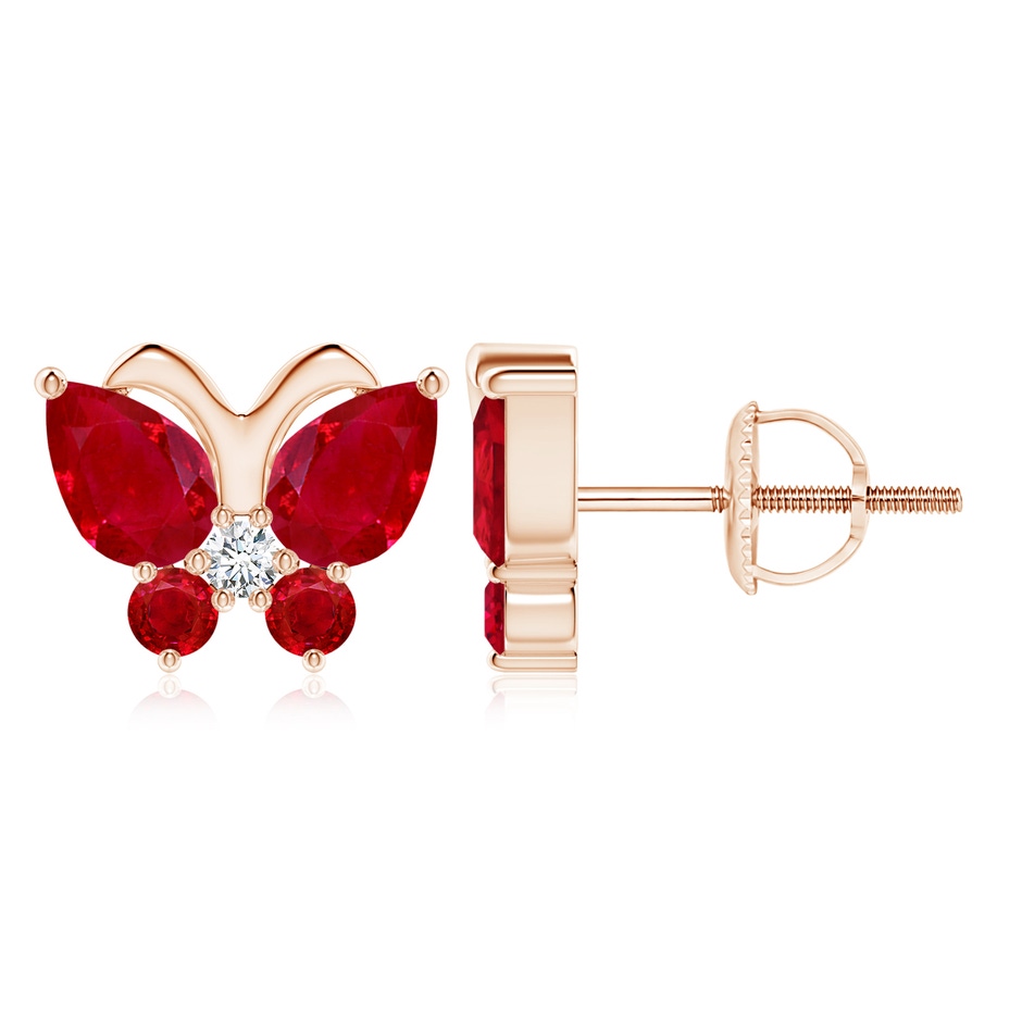 7x5mm AAA Ruby Butterfly Stud Earrings with Diamond in Rose Gold 