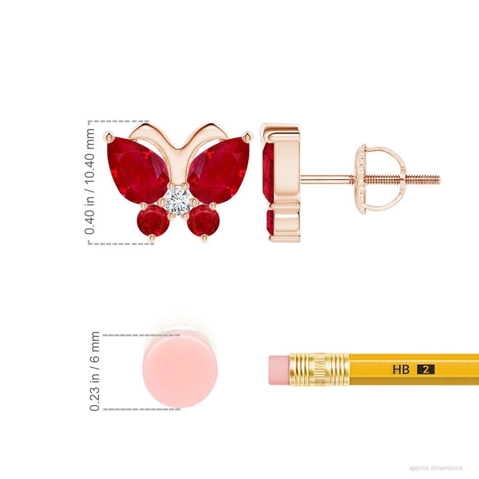 7x5mm AAA Ruby Butterfly Stud Earrings with Diamond in Rose Gold ruler