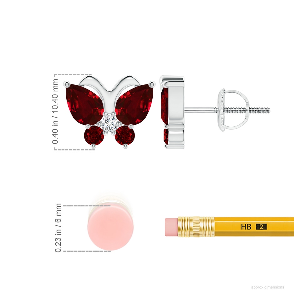 7x5mm AAAA Ruby Butterfly Stud Earrings with Diamond in P950 Platinum ruler