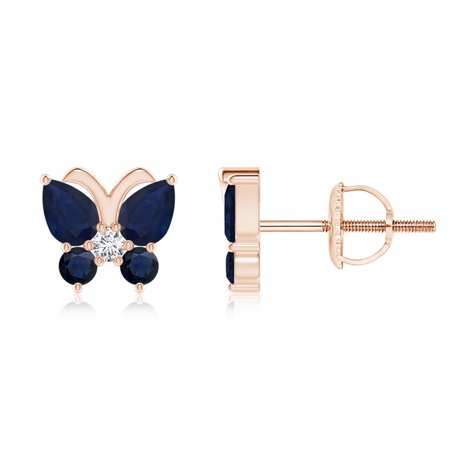 4x3mm A Blue Sapphire Butterfly Stud Earrings with Diamond in 9K Rose Gold 