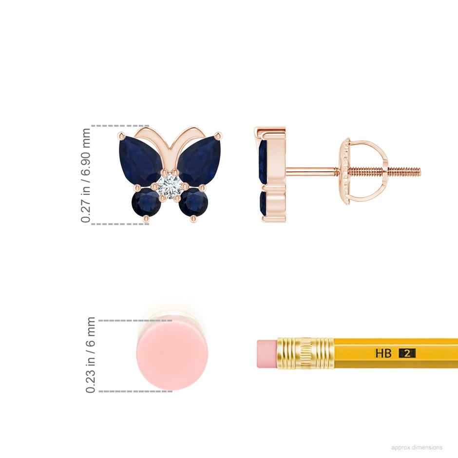 4x3mm A Blue Sapphire Butterfly Stud Earrings with Diamond in 9K Rose Gold ruler