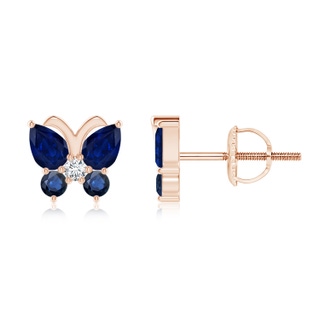 4x3mm AA Blue Sapphire Butterfly Stud Earrings with Diamond in 9K Rose Gold
