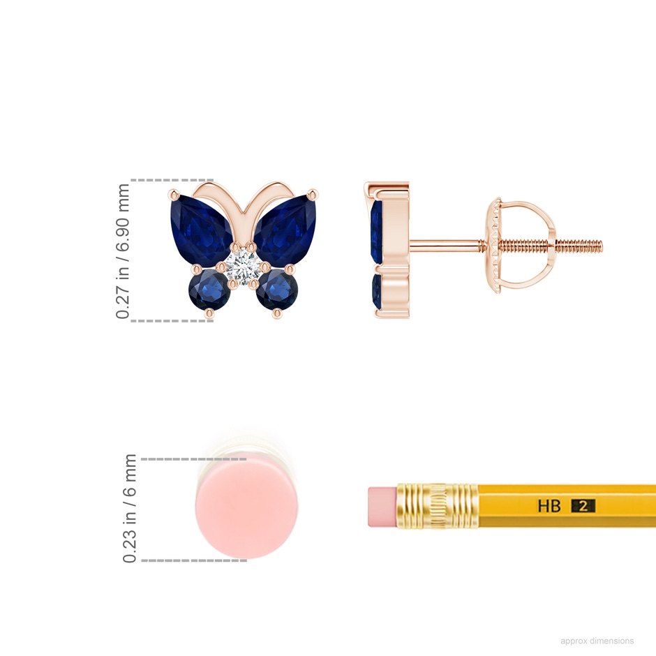 4x3mm AA Blue Sapphire Butterfly Stud Earrings with Diamond in Rose Gold ruler