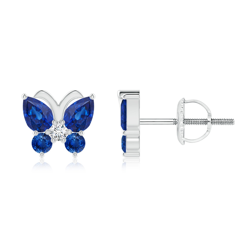 4x3mm AAA Blue Sapphire Butterfly Stud Earrings with Diamond in 18K White Gold