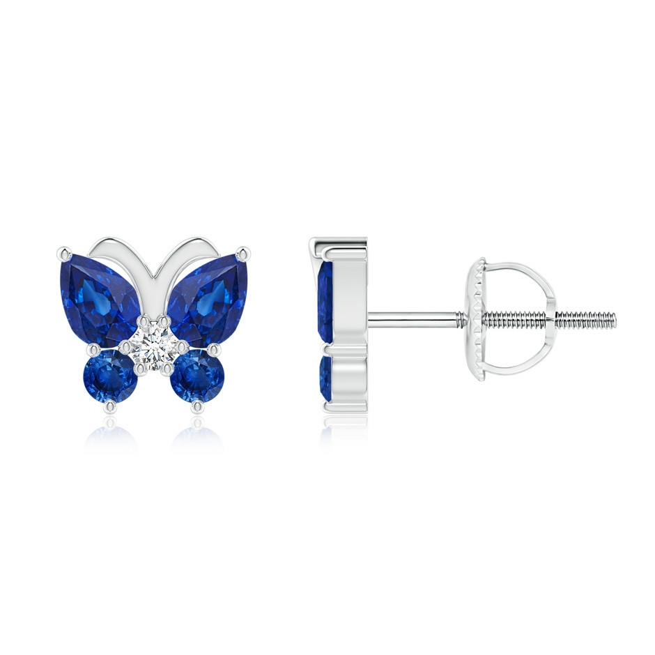 4x3mm AAA Blue Sapphire Butterfly Stud Earrings with Diamond in 18K White Gold 