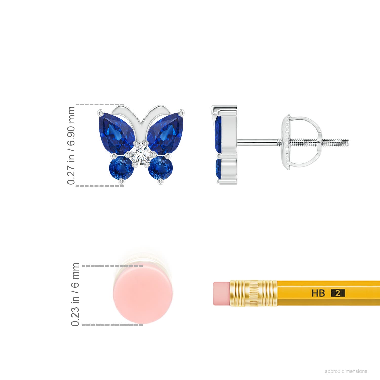 4x3mm AAA Blue Sapphire Butterfly Stud Earrings with Diamond in 18CT White Gold - ruler