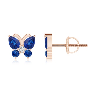 4x3mm AAA Blue Sapphire Butterfly Stud Earrings with Diamond in Rose Gold