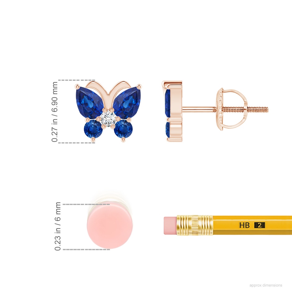 4x3mm AAA Blue Sapphire Butterfly Stud Earrings with Diamond in Rose Gold ruler