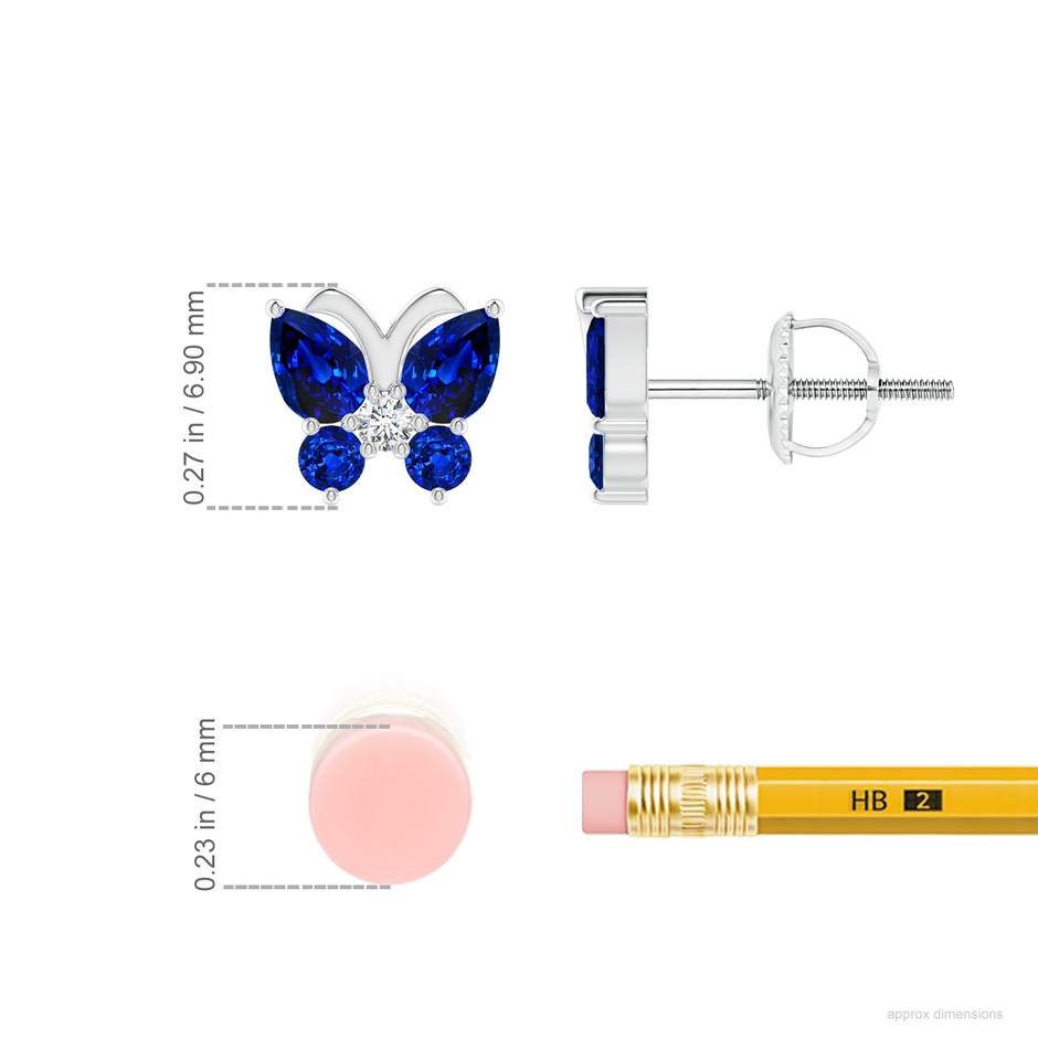 4x3mm AAAA Blue Sapphire Butterfly Stud Earrings with Diamond in P950 Platinum ruler