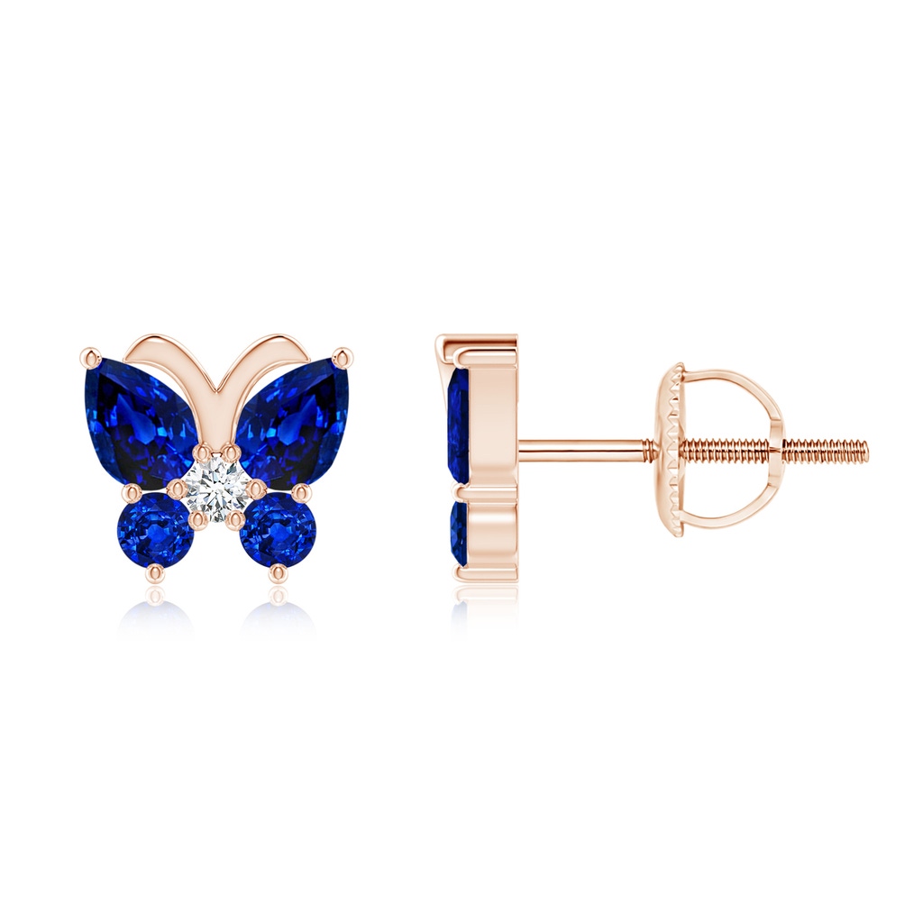 4x3mm AAAA Blue Sapphire Butterfly Stud Earrings with Diamond in Rose Gold