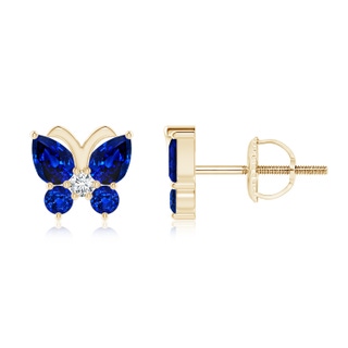 4x3mm AAAA Blue Sapphire Butterfly Stud Earrings with Diamond in Yellow Gold