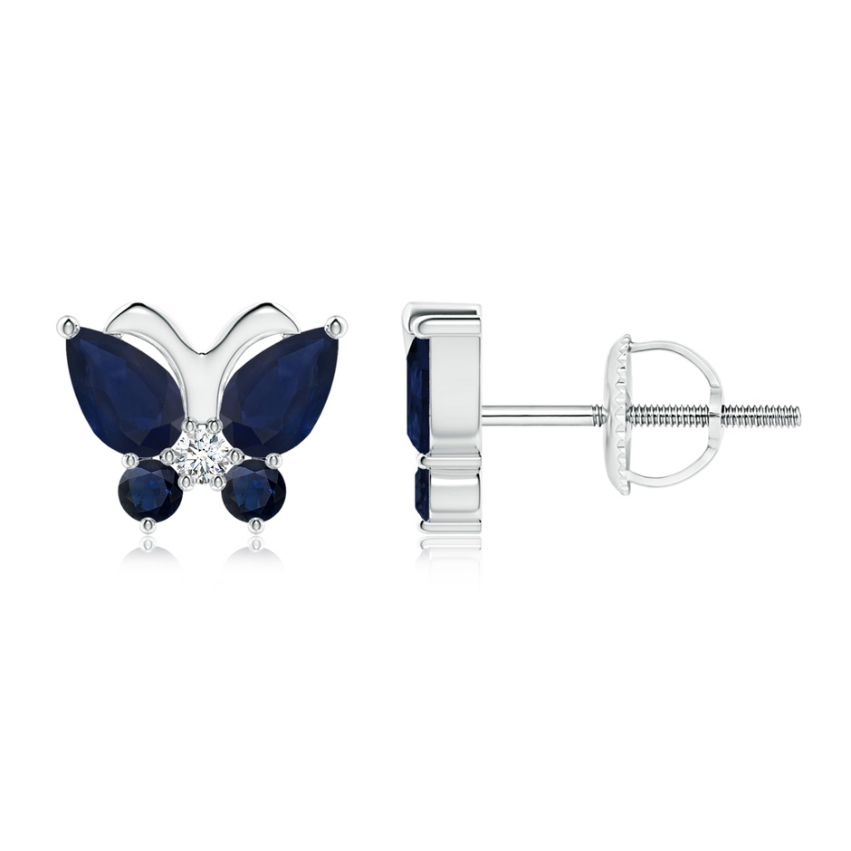 5x3mm A Blue Sapphire Butterfly Stud Earrings with Diamond in White Gold 