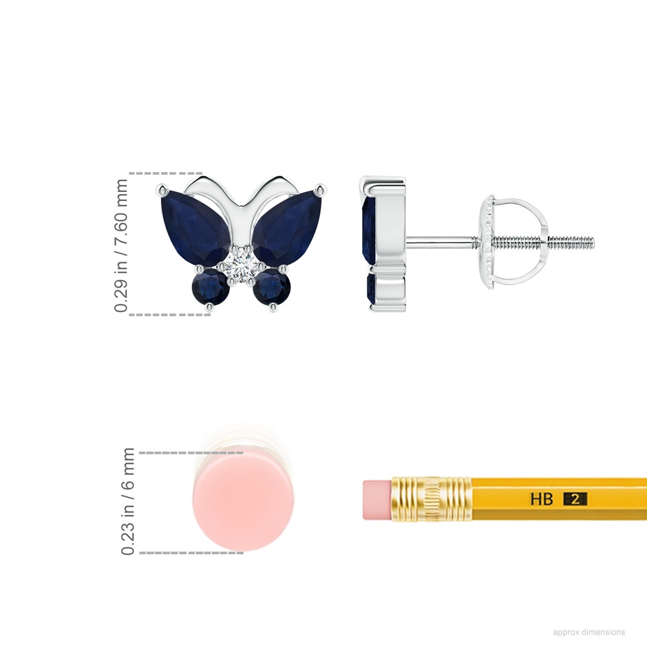 5x3mm A Blue Sapphire Butterfly Stud Earrings with Diamond in White Gold ruler