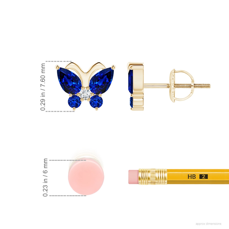 5x3mm Lab-Grown Blue Sapphire Butterfly Stud Earrings with Diamond in Yellow Gold ruler