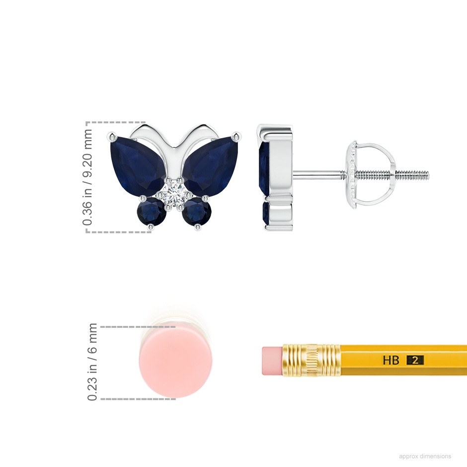 6x4mm A Blue Sapphire Butterfly Stud Earrings with Diamond in White Gold ruler