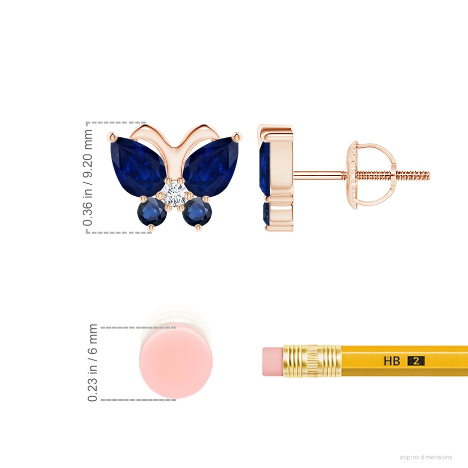 6x4mm AA Blue Sapphire Butterfly Stud Earrings with Diamond in Rose Gold ruler