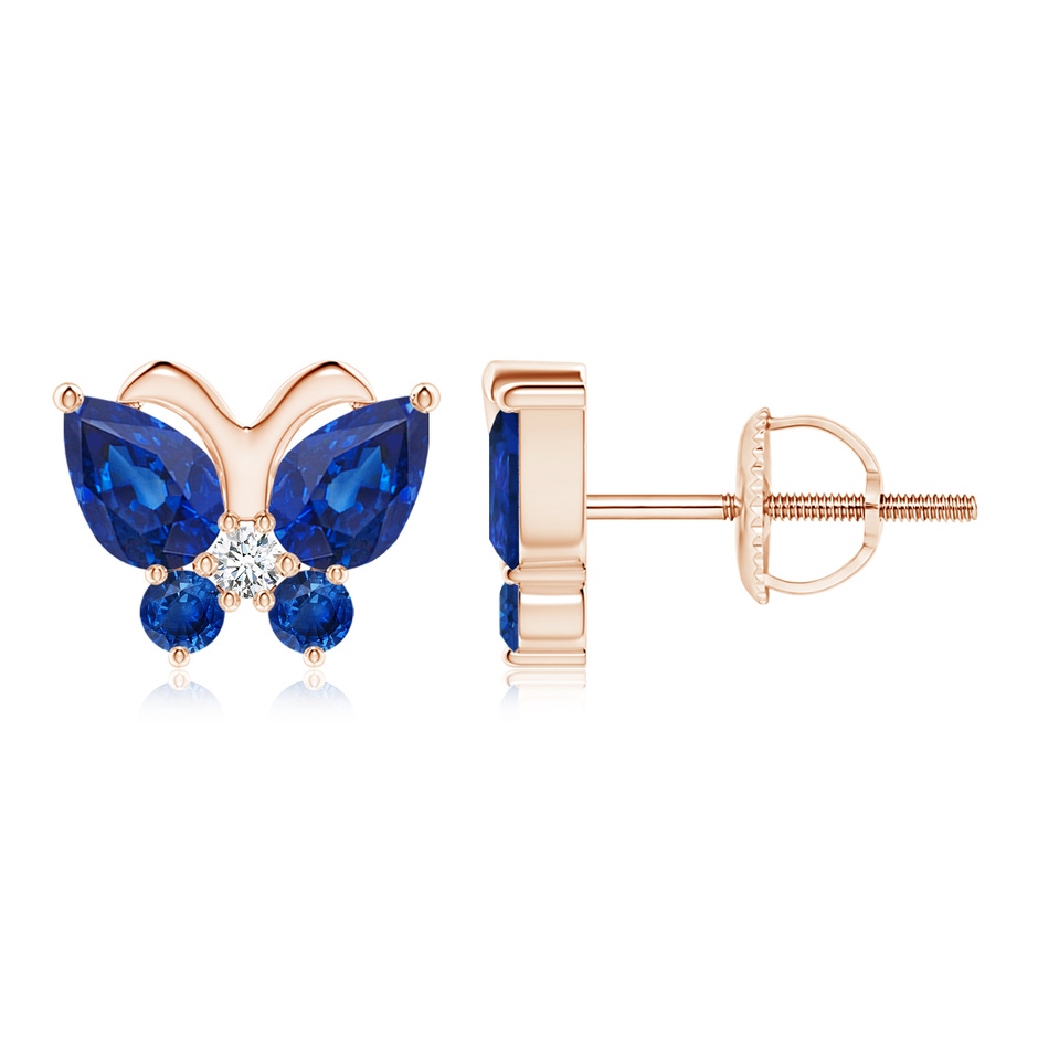 6x4mm AAA Blue Sapphire Butterfly Stud Earrings with Diamond in Rose Gold 