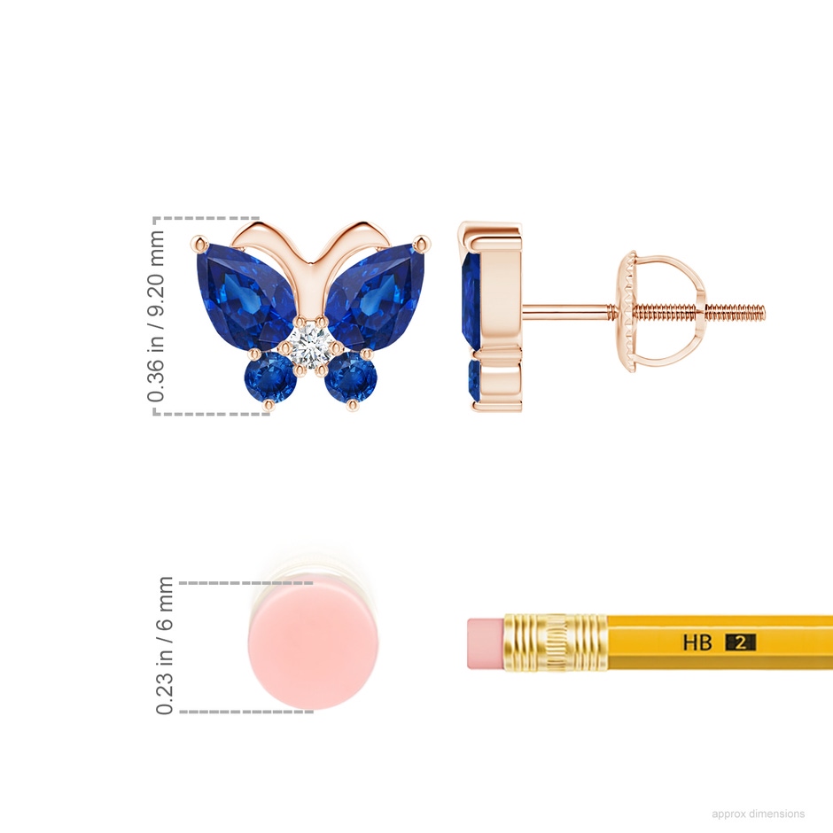 6x4mm AAA Blue Sapphire Butterfly Stud Earrings with Diamond in Rose Gold ruler