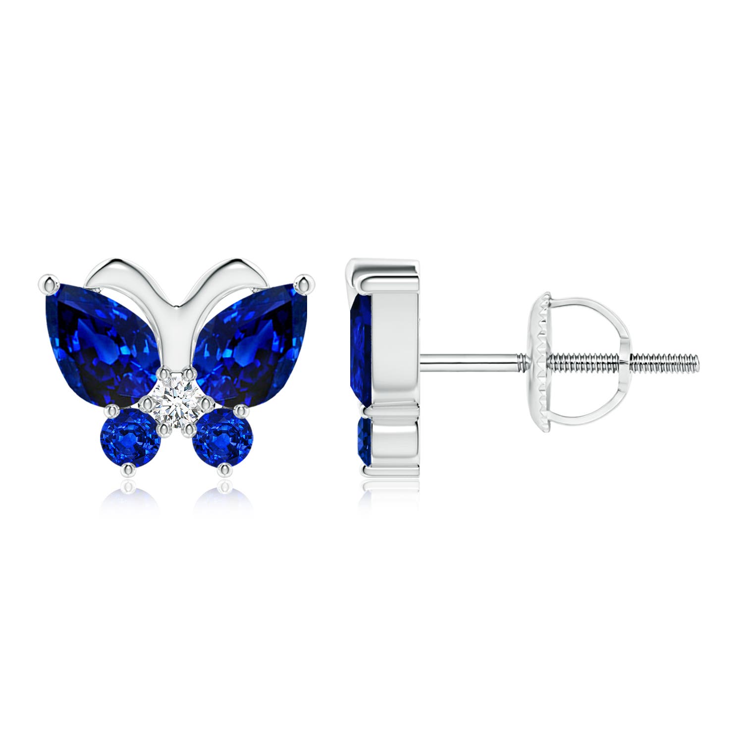 6x4mm AAAA Blue Sapphire Butterfly Stud Earrings with Diamond in 18K White Gold