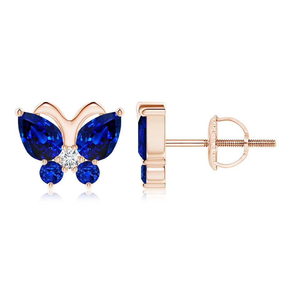 6x4mm Lab-Grown Blue Sapphire Butterfly Stud Earrings with Diamond in Rose Gold 