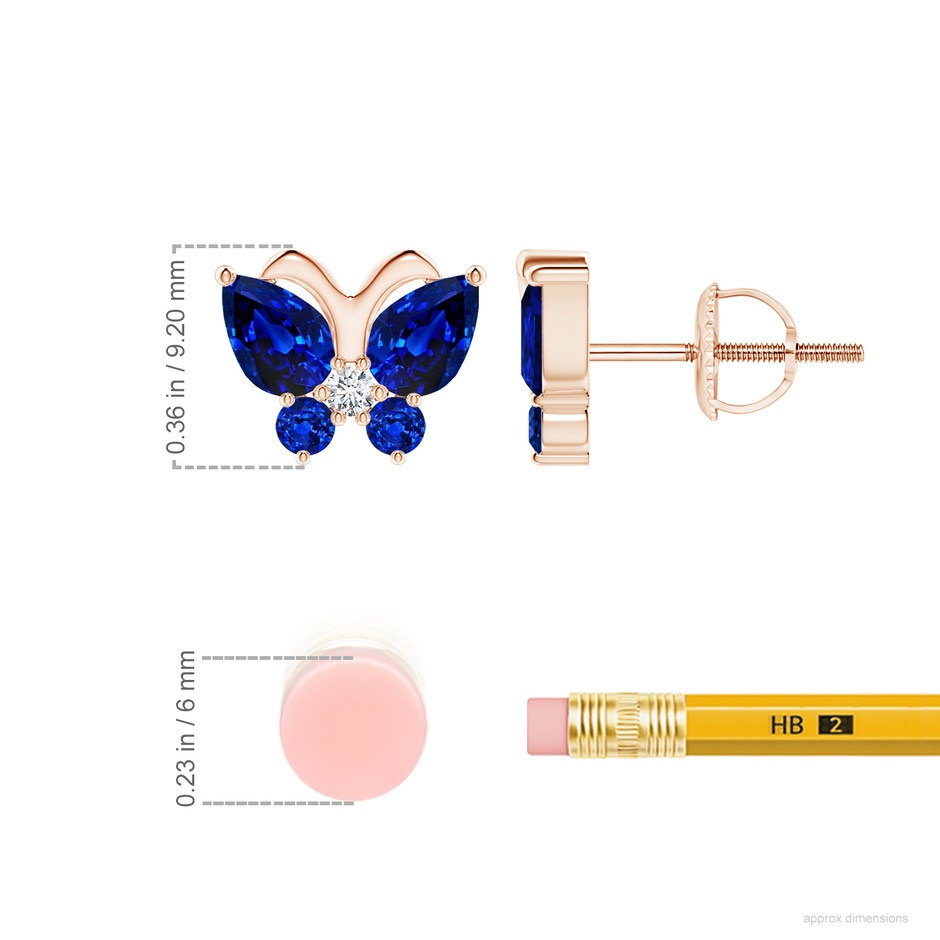 6x4mm Lab-Grown Blue Sapphire Butterfly Stud Earrings with Diamond in Rose Gold ruler