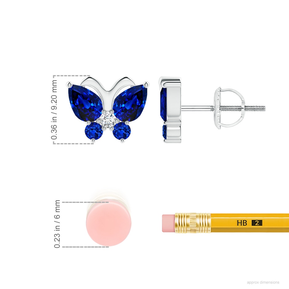 6x4mm AAAA Blue Sapphire Butterfly Stud Earrings with Diamond in White Gold ruler