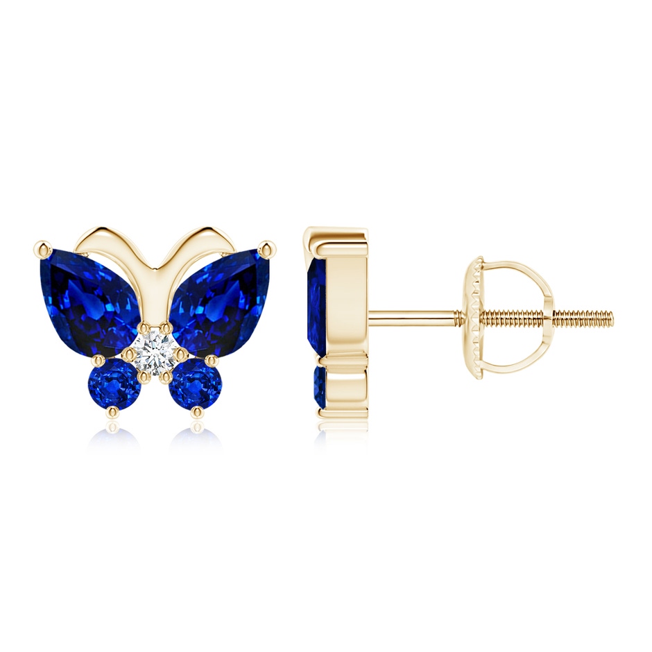 6x4mm AAAA Blue Sapphire Butterfly Stud Earrings with Diamond in Yellow Gold 