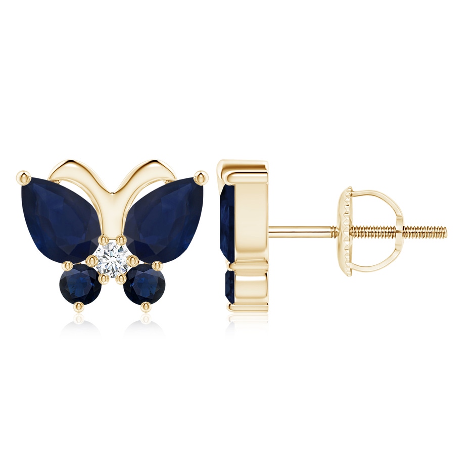 7x5mm A Blue Sapphire Butterfly Stud Earrings with Diamond in 18K Yellow Gold 