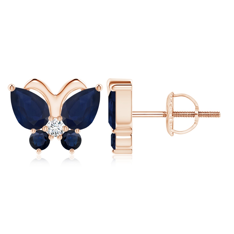 7x5mm A Blue Sapphire Butterfly Stud Earrings with Diamond in Rose Gold 