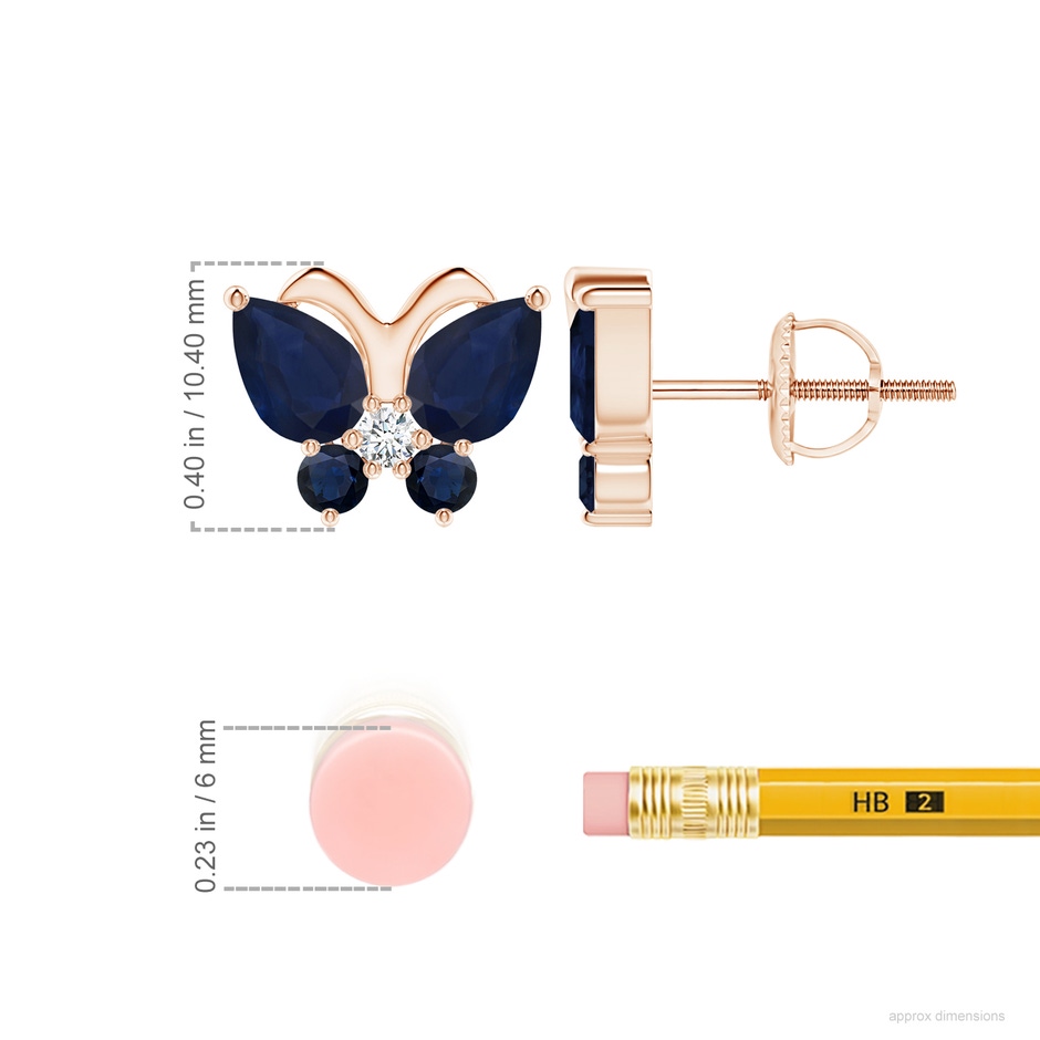 7x5mm A Blue Sapphire Butterfly Stud Earrings with Diamond in Rose Gold ruler