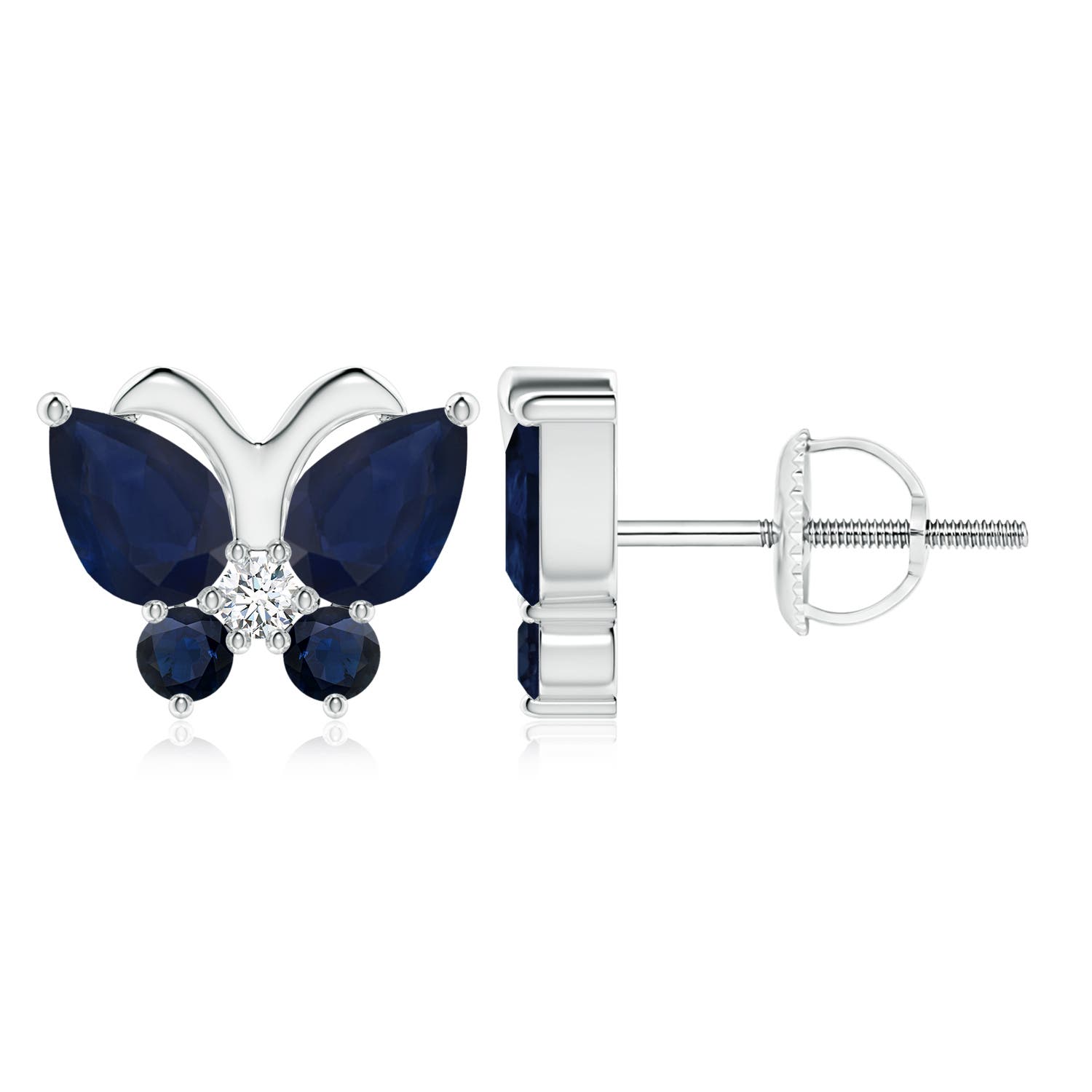7x5mm A Blue Sapphire Butterfly Stud Earrings with Diamond in White Gold