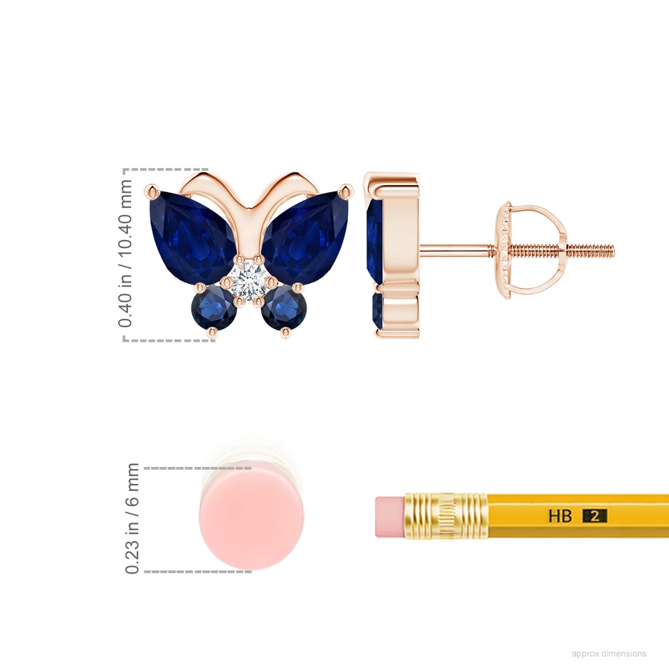 7x5mm AA Blue Sapphire Butterfly Stud Earrings with Diamond in Rose Gold ruler