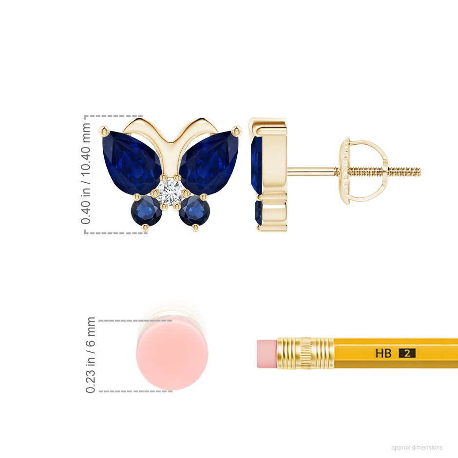 7x5mm AA Blue Sapphire Butterfly Stud Earrings with Diamond in Yellow Gold ruler