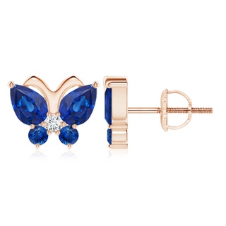 7x5mm AAA Blue Sapphire Butterfly Stud Earrings with Diamond in Rose Gold