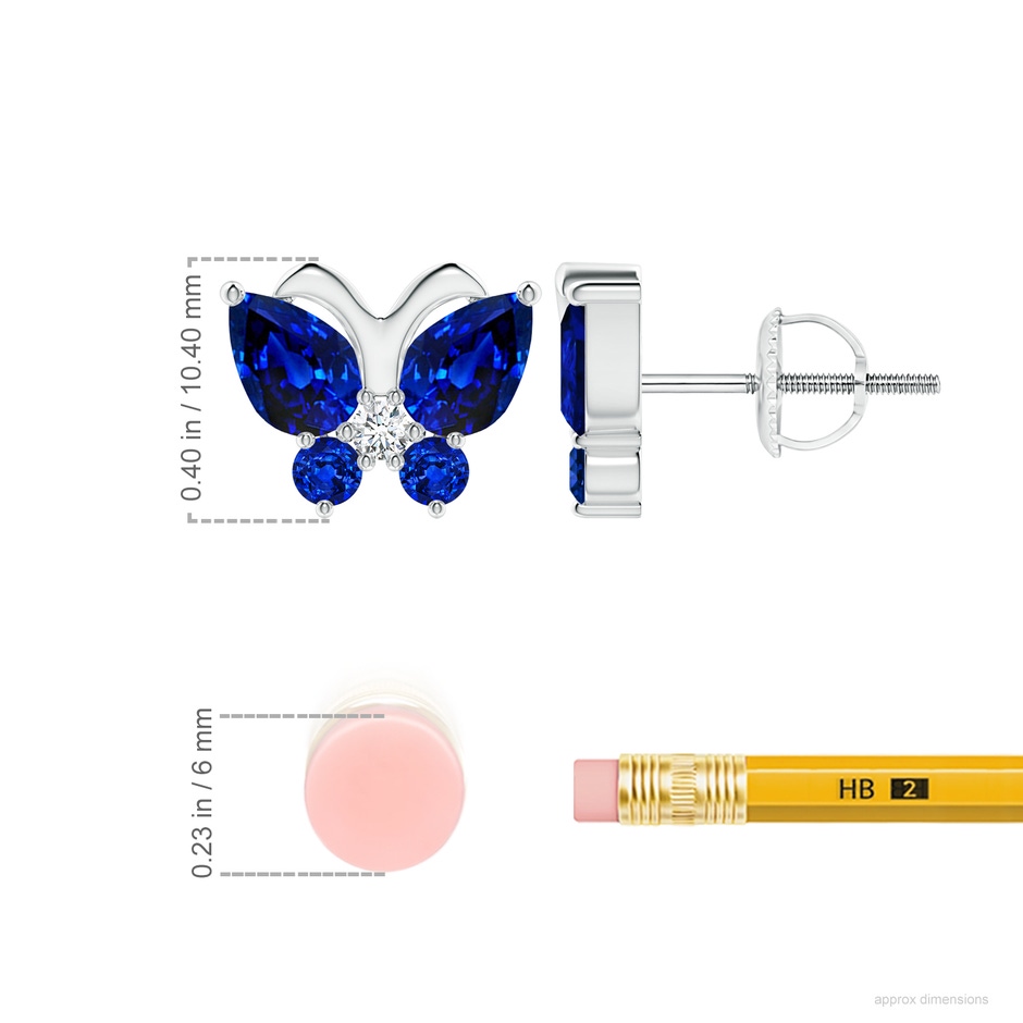7x5mm AAAA Blue Sapphire Butterfly Stud Earrings with Diamond in P950 Platinum ruler