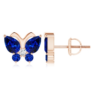 7x5mm AAAA Blue Sapphire Butterfly Stud Earrings with Diamond in Rose Gold
