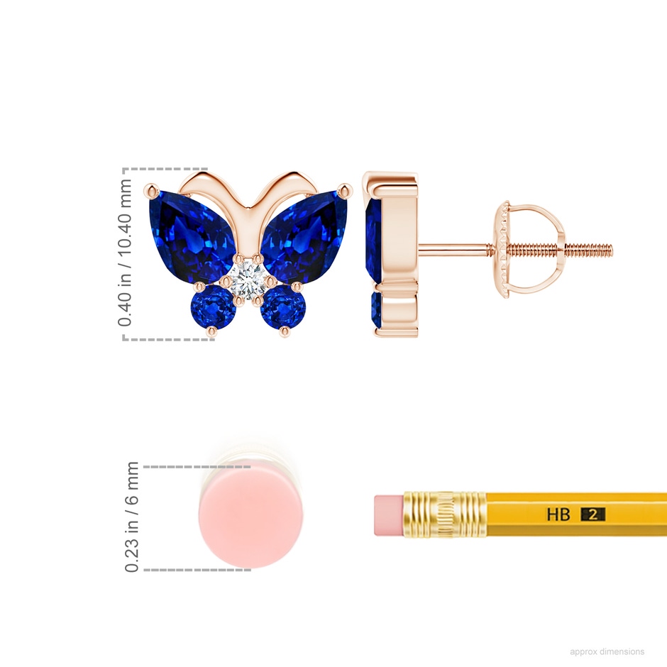 7x5mm Lab-Grown Blue Sapphire Butterfly Stud Earrings with Diamond in Rose Gold ruler