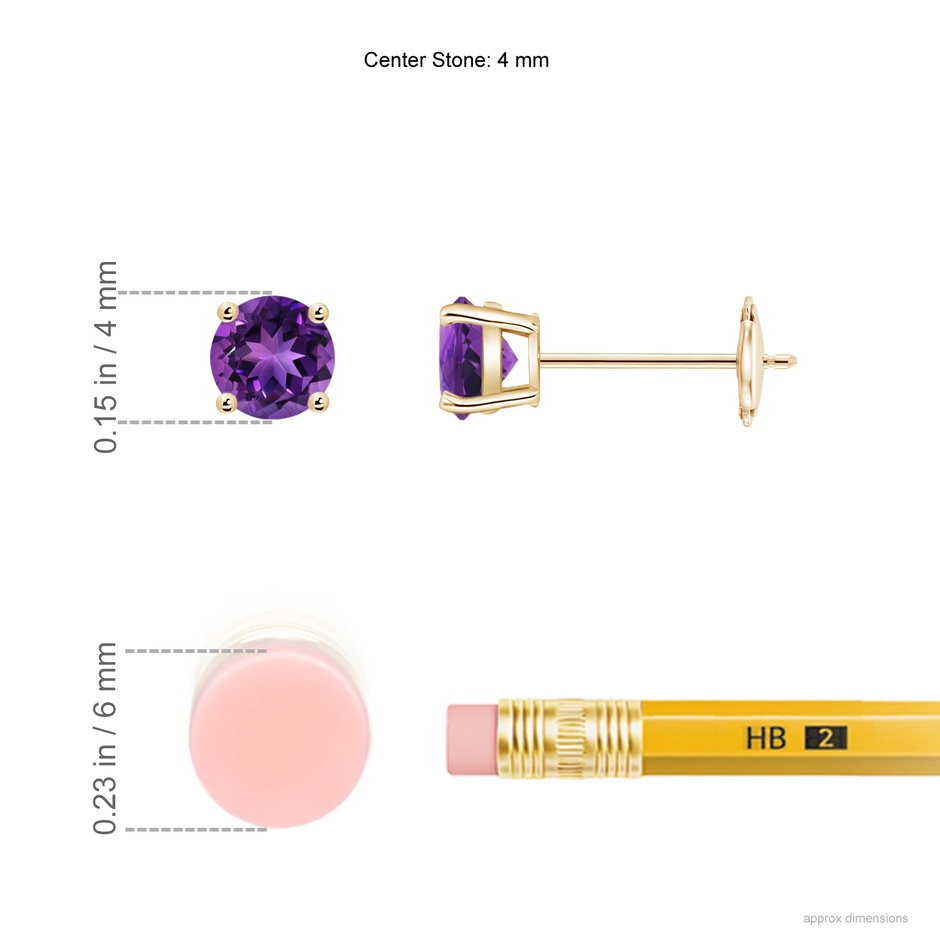 4mm AAAA Round Amethyst Stud Earrings in Yellow Gold ruler