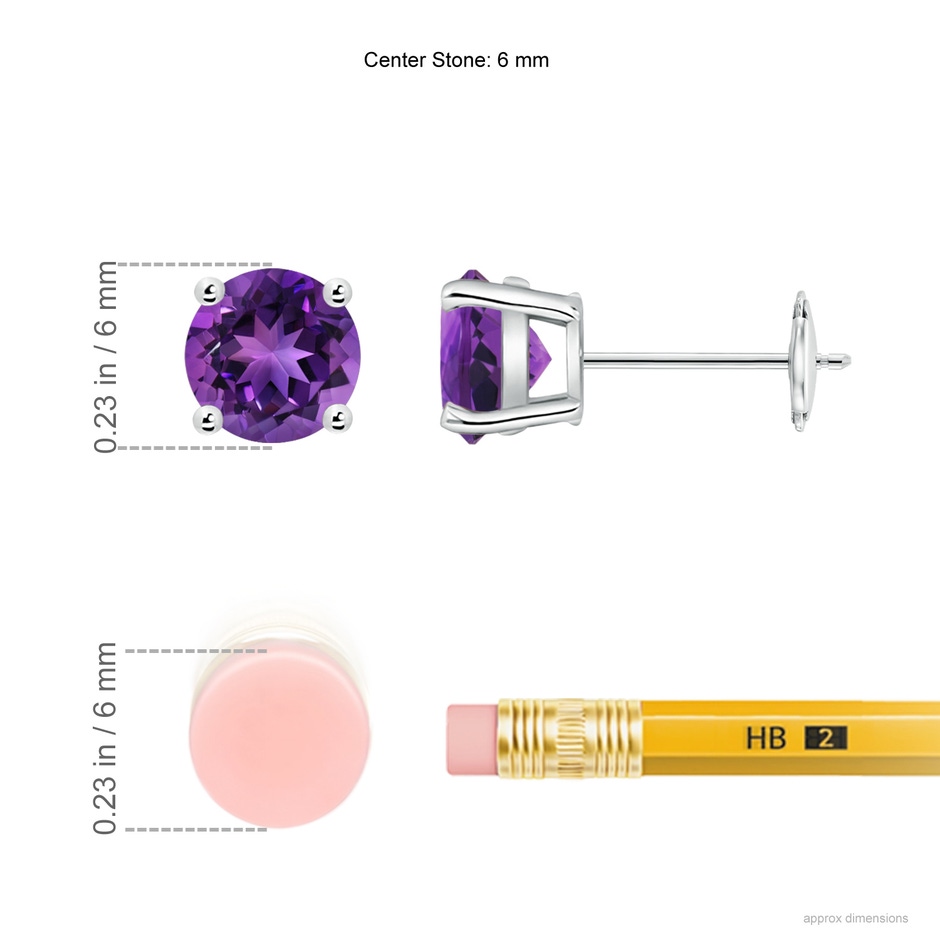 6mm AAAA Round Amethyst Stud Earrings in White Gold ruler