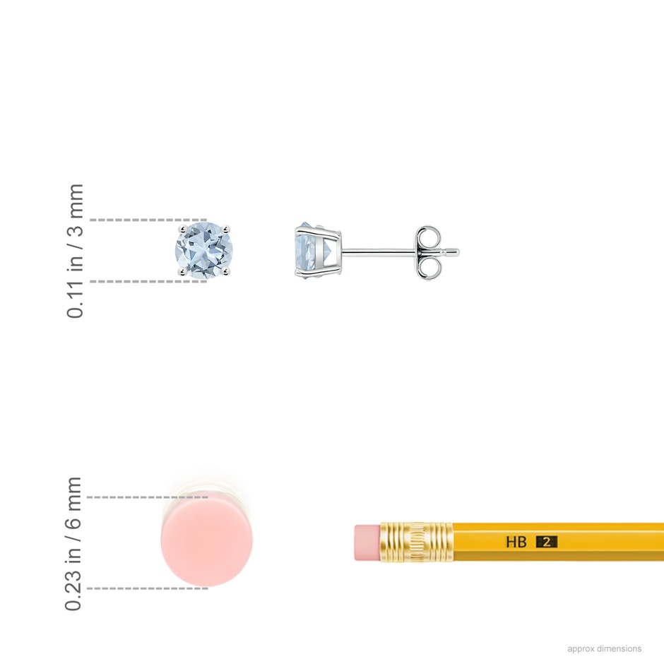3mm A Round Aquamarine Stud Earrings in 10K White Gold ruler