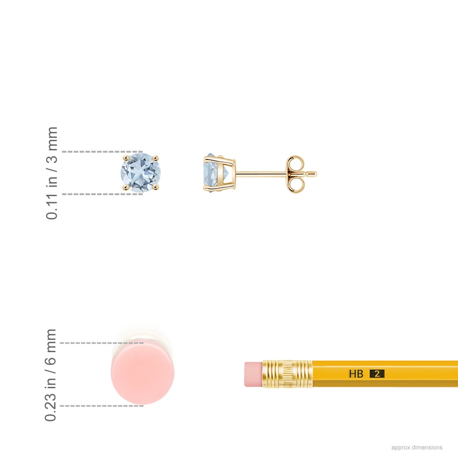 3mm A Round Aquamarine Stud Earrings in 10K Yellow Gold ruler